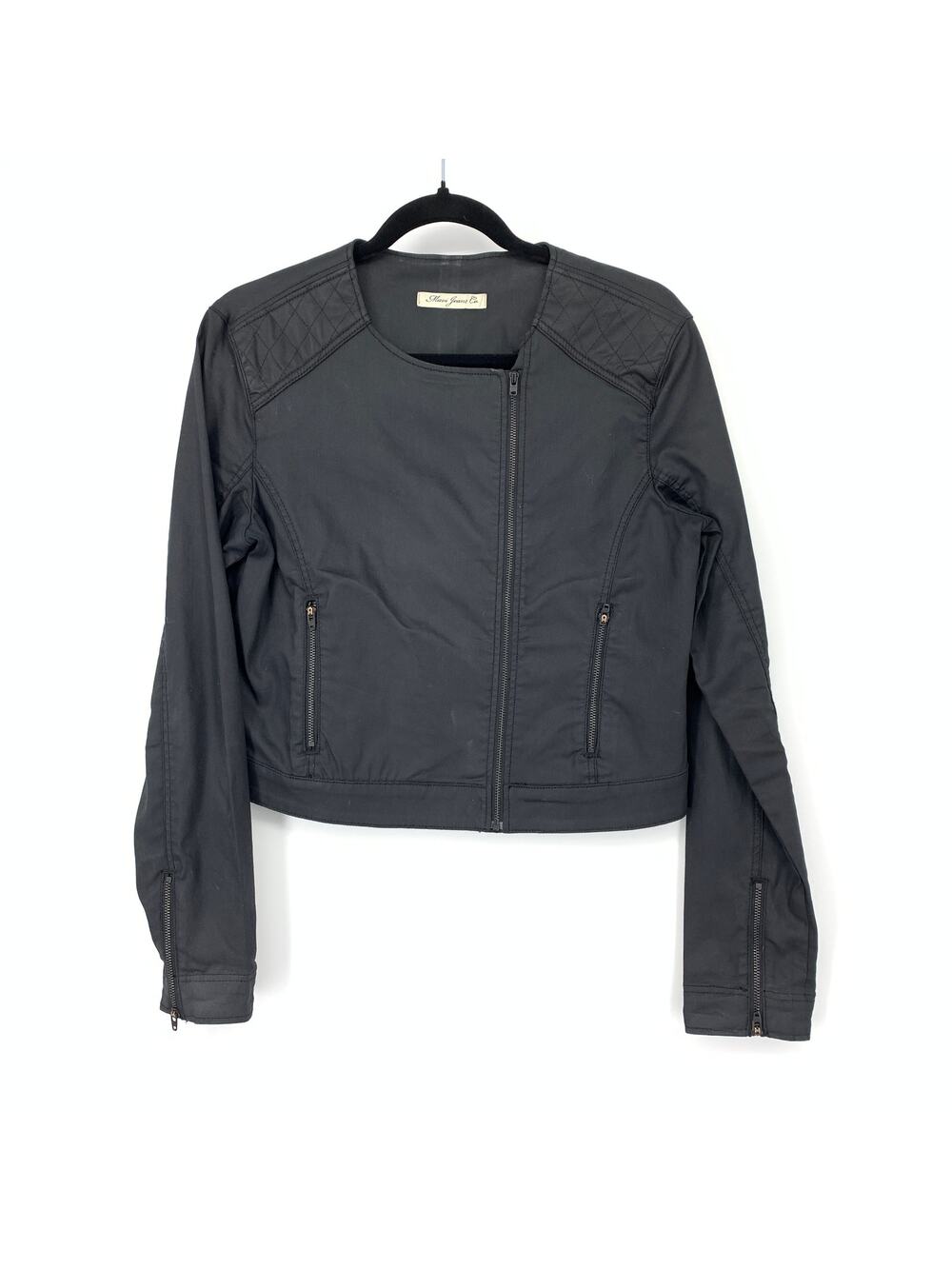 VTG Mavi Jeans Co Moto Jacket Womens Size M Zipper Details Coated Black Denim